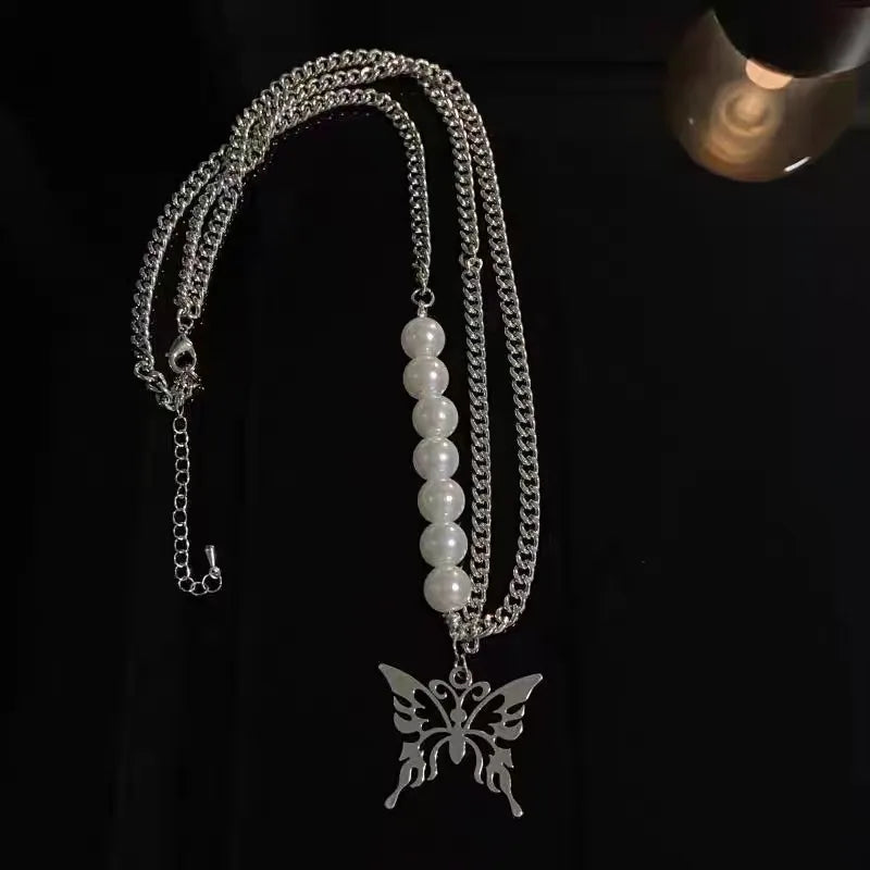 Hip-Hop Butterfly Artificial Pearl Titanium Steel Plating Pendant Necklace