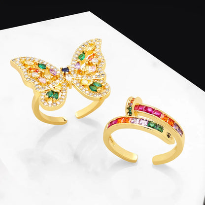 Hip-Hop Butterfly Copper Gold Plated Zircon Open Ring 1 Piece