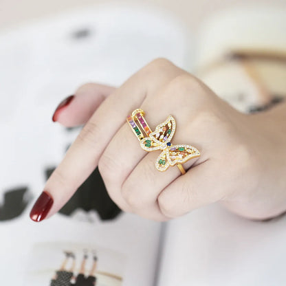 Hip-Hop Butterfly Copper Gold Plated Zircon Open Ring 1 Piece