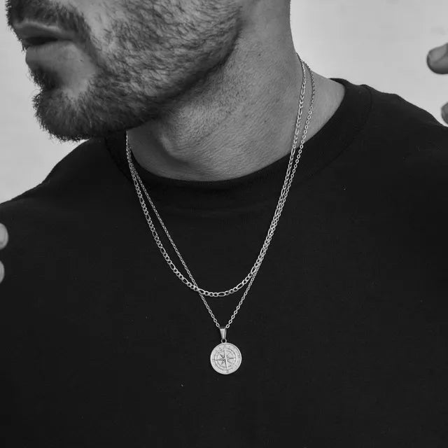 Hip-Hop Compass Alloy Plating Men'S Double Layer Necklaces