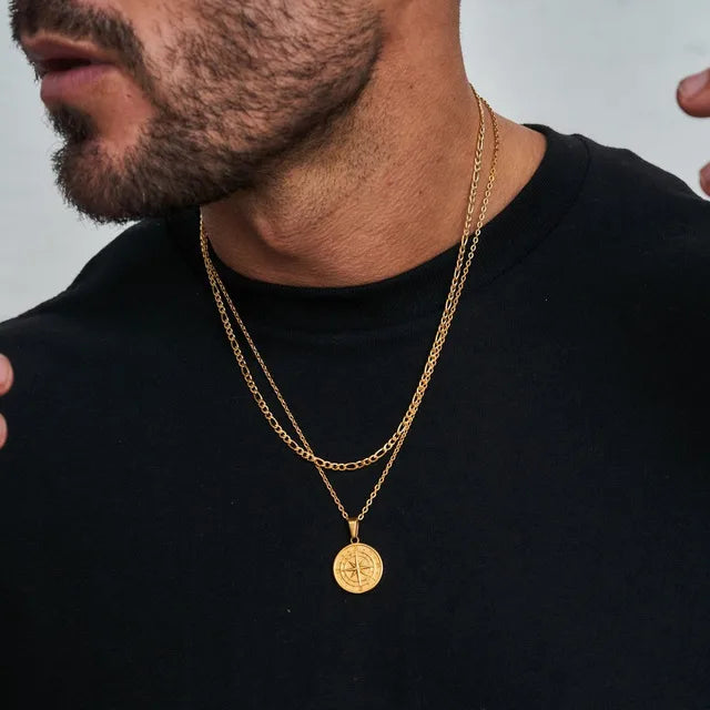 Hip-Hop Compass Alloy Plating Men'S Double Layer Necklaces