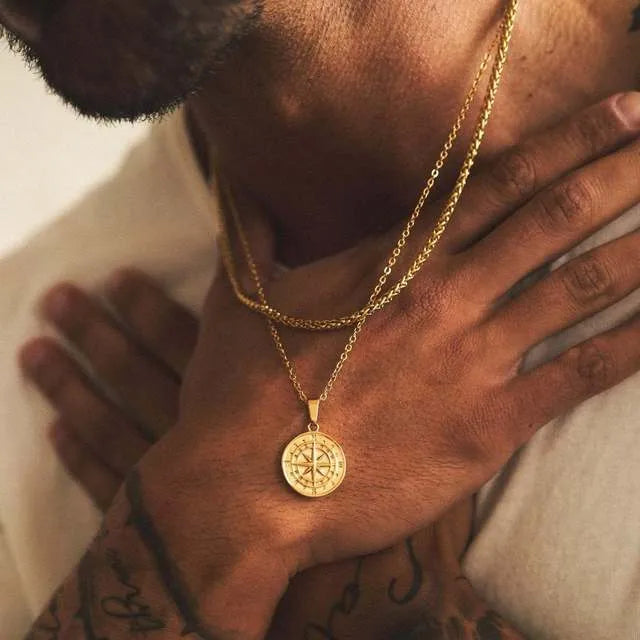 Hip-Hop Compass Alloy Plating Men'S Double Layer Necklaces