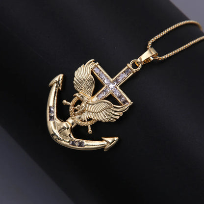 Hip-Hop Cool Style Anchor Eagle Copper Inlay Zircon 18K Gold Plated Unisex Pendant Necklace