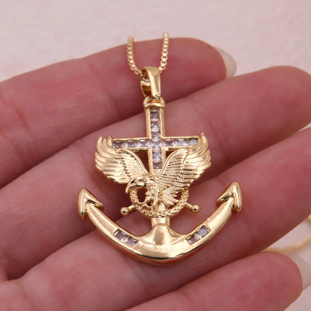 Hip-Hop Cool Style Anchor Eagle Copper Inlay Zircon 18K Gold Plated Unisex Pendant Necklace