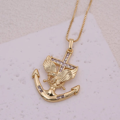 Hip-Hop Cool Style Anchor Eagle Copper Inlay Zircon 18K Gold Plated Unisex Pendant Necklace