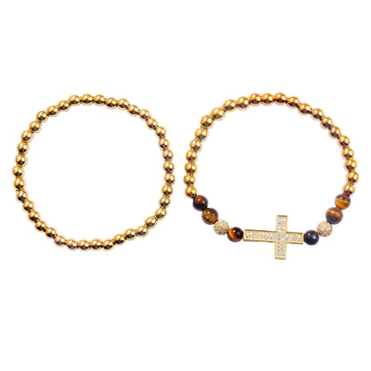 Hip-Hop Cool Style Cross Alloy Tiger Eye Copper Beaded Plating Men'S Bracelets