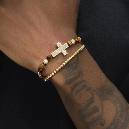 Hip-Hop Cool Style Cross Alloy Tiger Eye Copper Beaded Plating Men'S Bracelets