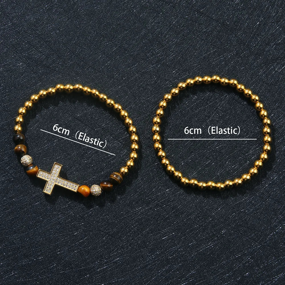 Hip-Hop Cool Style Cross Alloy Tiger Eye Copper Beaded Plating Men'S Bracelets