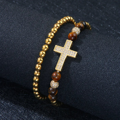 Hip-Hop Cool Style Cross Alloy Tiger Eye Copper Beaded Plating Men'S Bracelets