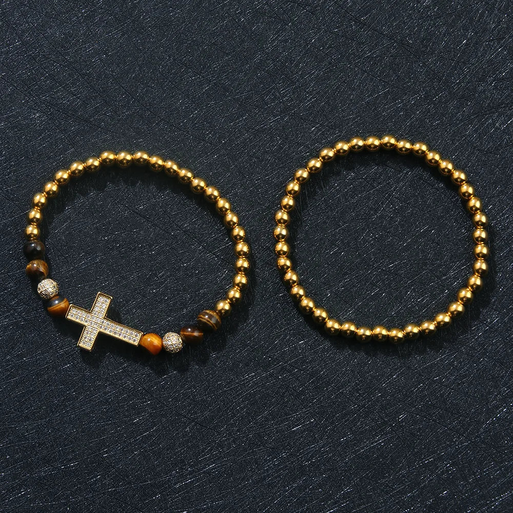 Hip-Hop Cool Style Cross Alloy Tiger Eye Copper Beaded Plating Men'S Bracelets