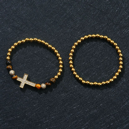 Hip-Hop Cool Style Cross Alloy Tiger Eye Copper Beaded Plating Men'S Bracelets