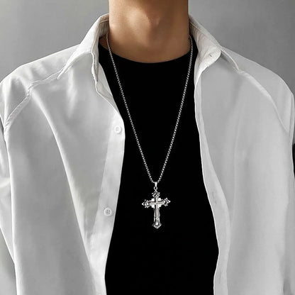 Hip-Hop Cool Style Cross Alloy Titanium Steel Inlay Rhinestones Men'S Pendant Necklace Long Necklace