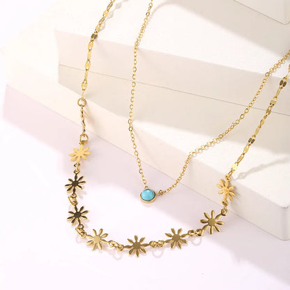 Hip-hop Cool Style Flower Stainless Steel Plating Inlay Turquoise 18k Gold Plated Double Layer Necklaces