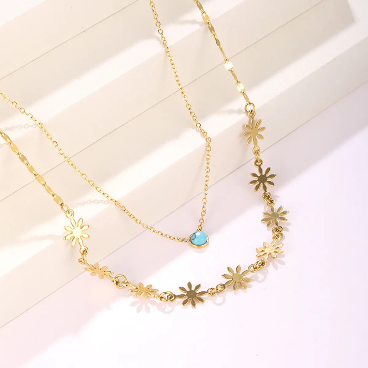 Hip-hop Cool Style Flower Stainless Steel Plating Inlay Turquoise 18k Gold Plated Double Layer Necklaces