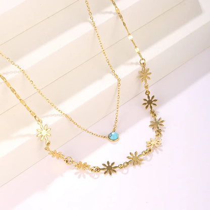 Hip-hop Cool Style Flower Stainless Steel Plating Inlay Turquoise 18k Gold Plated Double Layer Necklaces