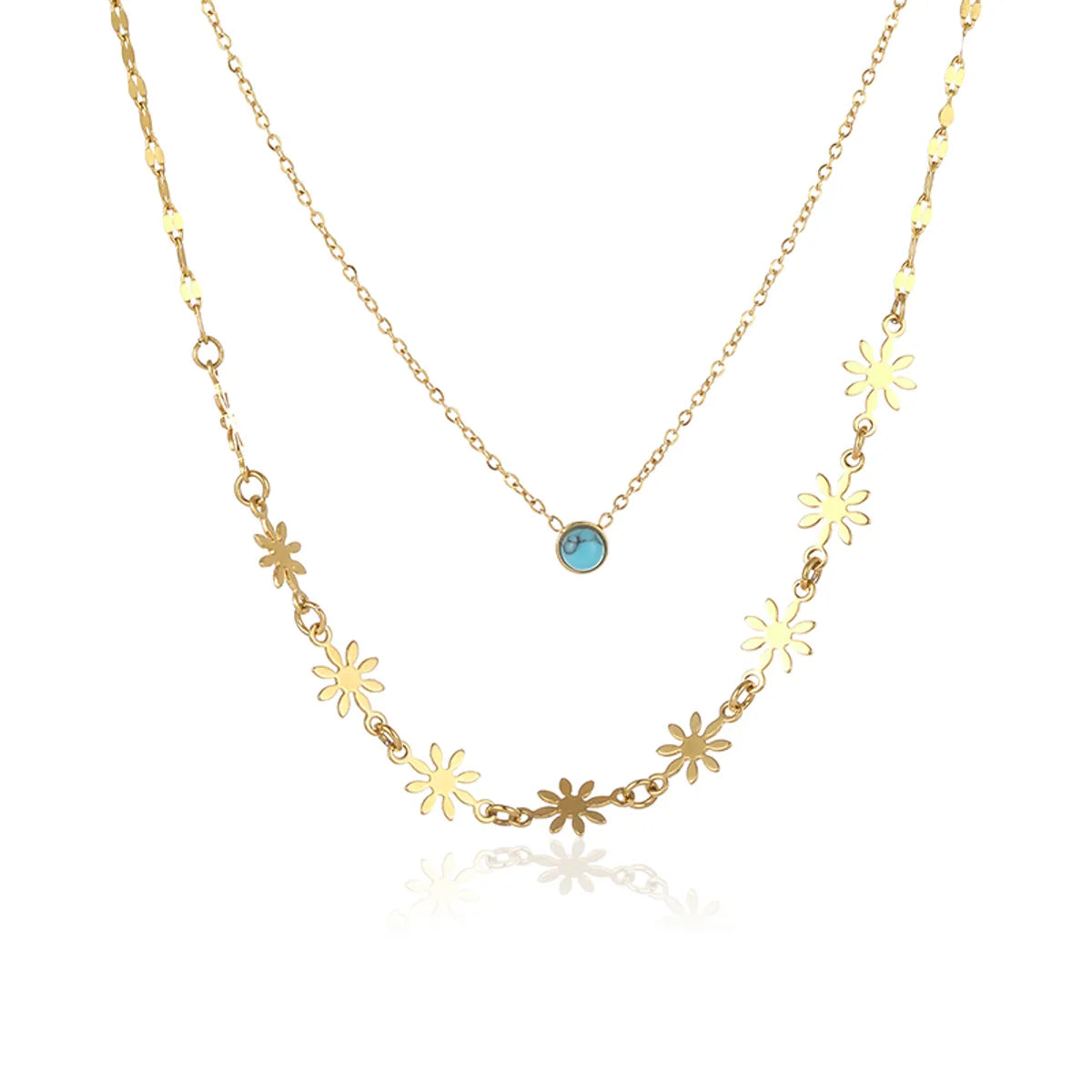 Hip-hop Cool Style Flower Stainless Steel Plating Inlay Turquoise 18k Gold Plated Double Layer Necklaces