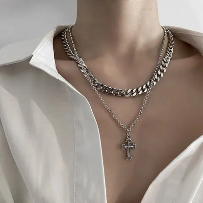 Hip-Hop Cross Alloy Titanium Steel Polishing Men'S Layered Necklaces