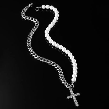 Hip-hop Cross Artificial Pearl Alloy Inlay Rhinestones Men's Pendant Necklace