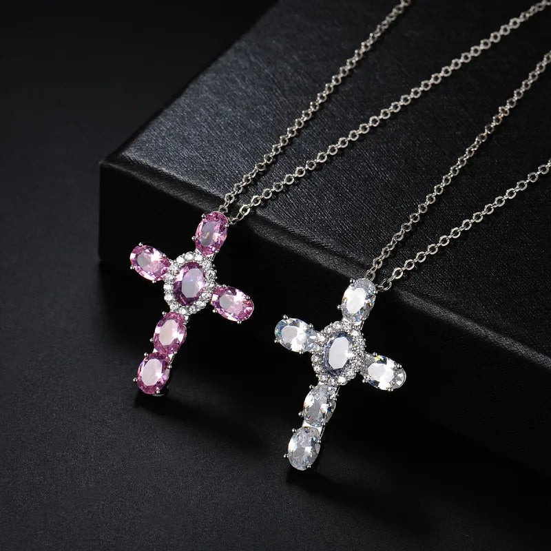 Hip-Hop Cross Copper Plating Inlay Zircon Rhodium Plated Unisex Pendant Necklace