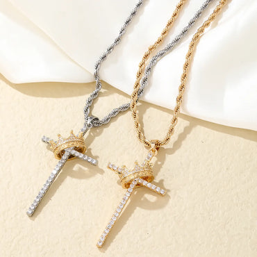 Hip-hop Cross Crown Copper Inlay Zircon Pendant Necklace