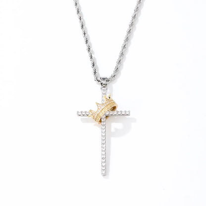 Hip-hop Cross Crown Copper Inlay Zircon Pendant Necklace