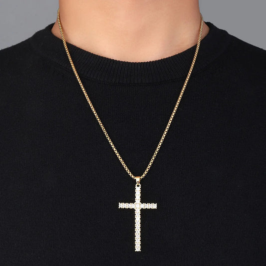 Hip-Hop Cross Ferroalloy Polishing 18K Gold Plated Men'S Pendant Necklace