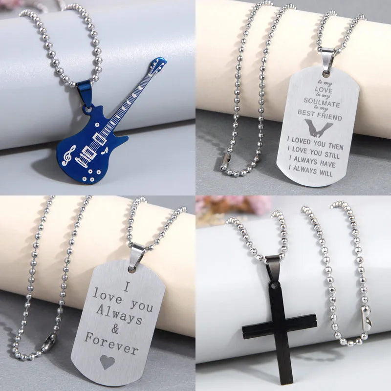 Hip-Hop Cross Guitar Stainless Steel Men'S Pendant Necklace