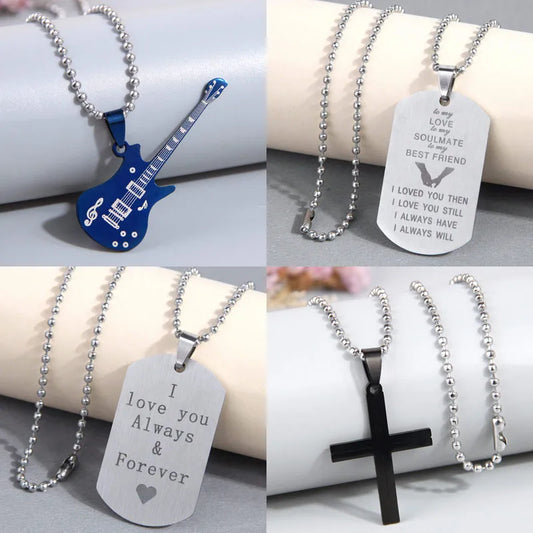 Hip-Hop Cross Guitar Stainless Steel Men'S Pendant Necklace