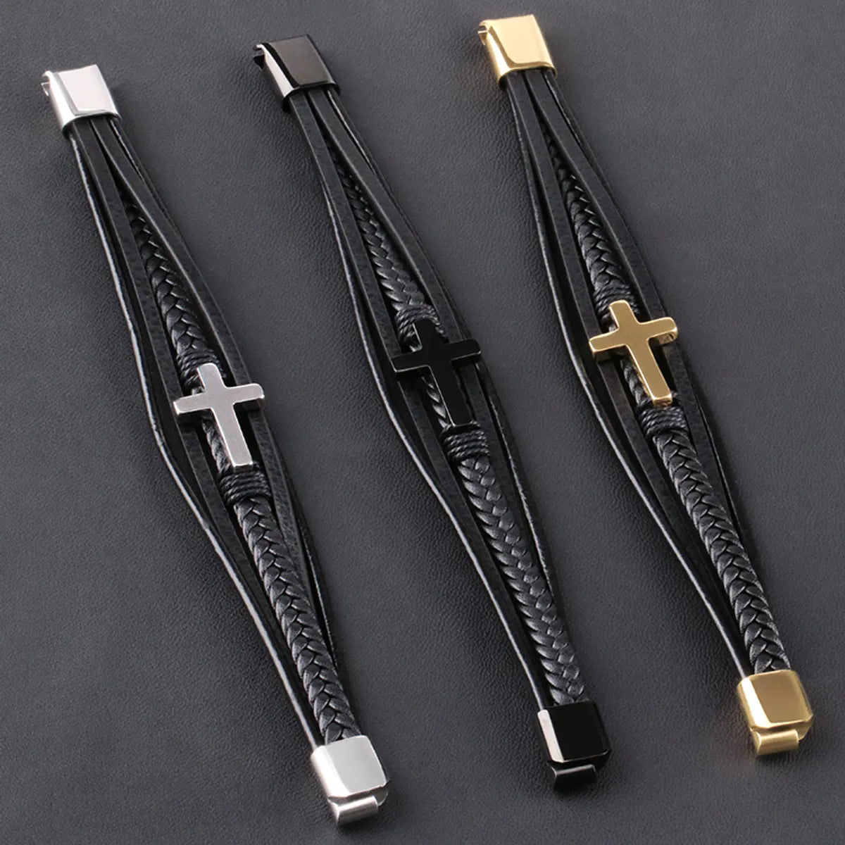 Hip-Hop Cross Pu Leather Titanium Steel Men'S Bracelets