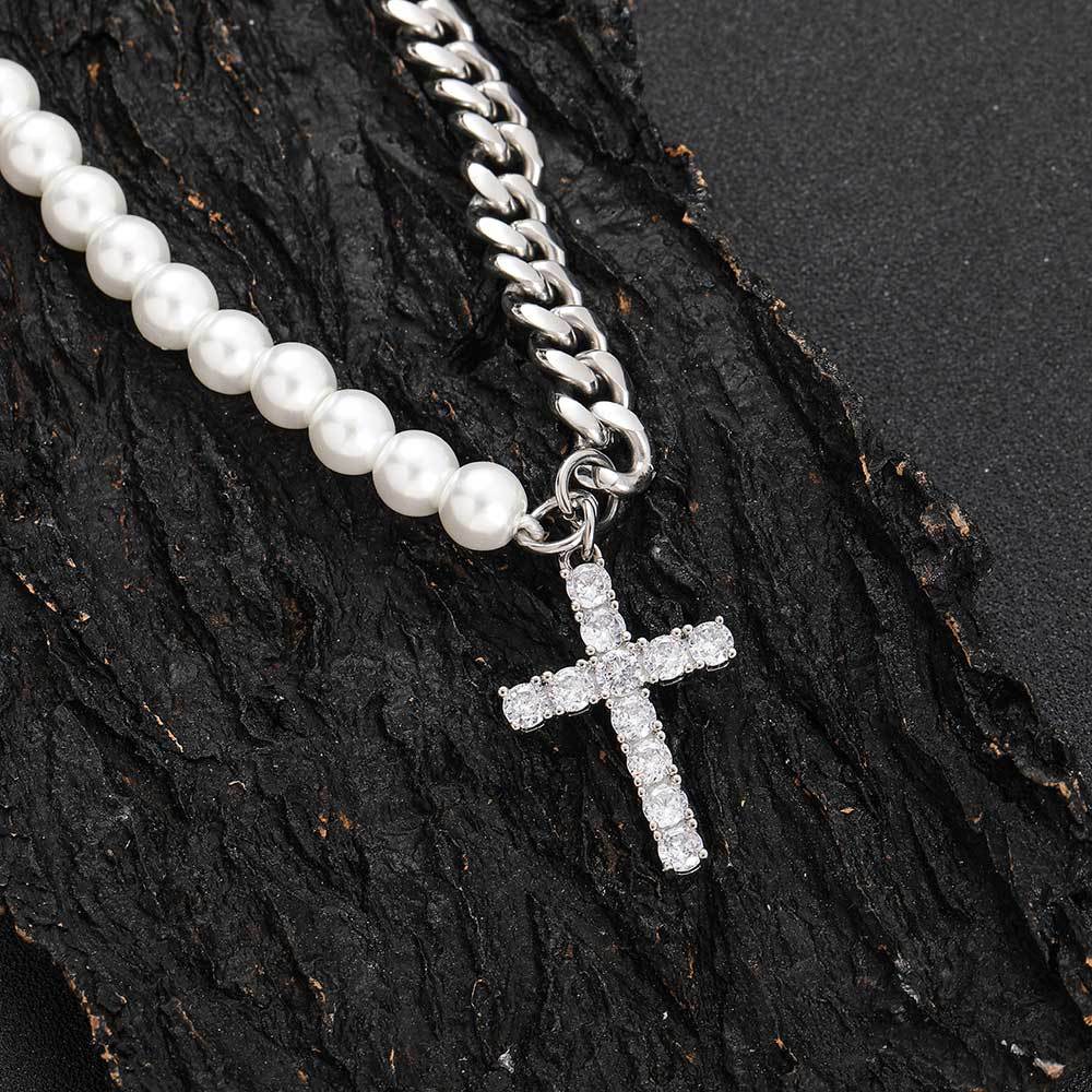 Hip-Hop Cross Stainless Steel Imitation Pearl Copper Inlay Zircon Men'S Pendant Necklace