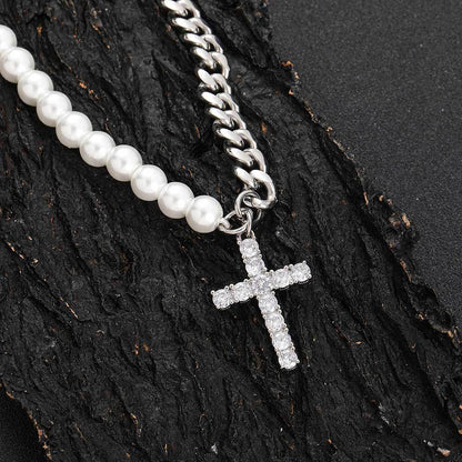 Hip-Hop Cross Stainless Steel Imitation Pearl Copper Inlay Zircon Men'S Pendant Necklace