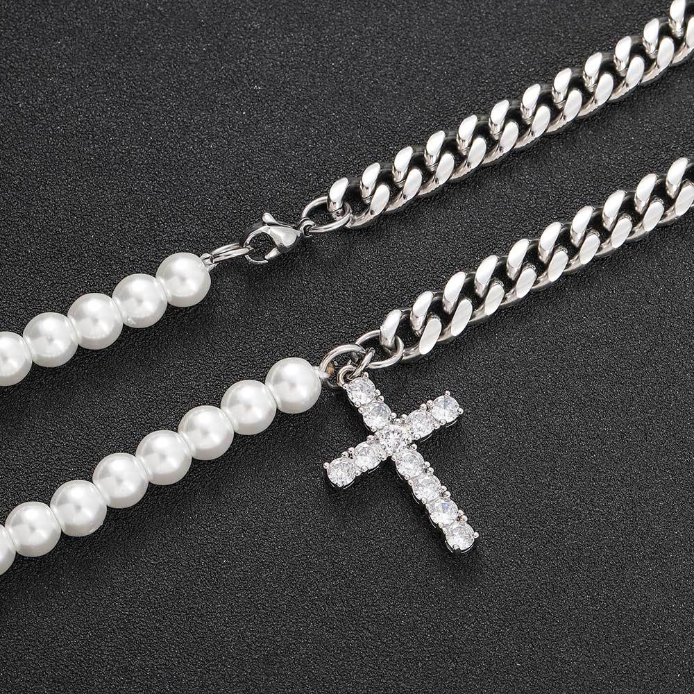 Hip-Hop Cross Stainless Steel Imitation Pearl Copper Inlay Zircon Men'S Pendant Necklace