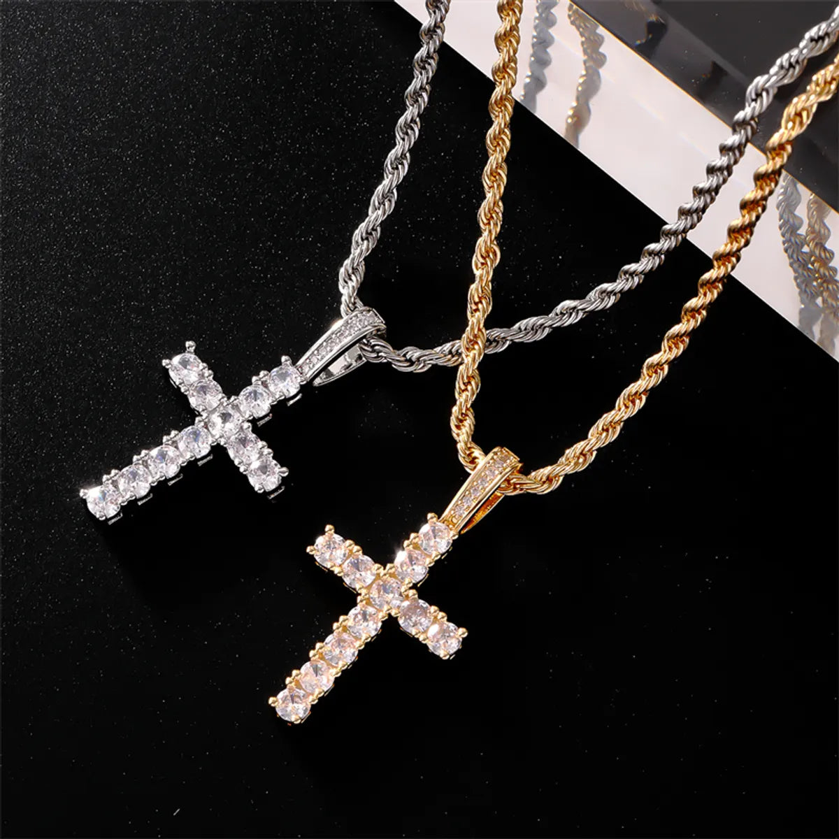 Hip-Hop Cross 304 Stainless Steel Copper Plating Inlay Zircon K Gold Plated Rhodium Plated Women'S Pendant Necklace