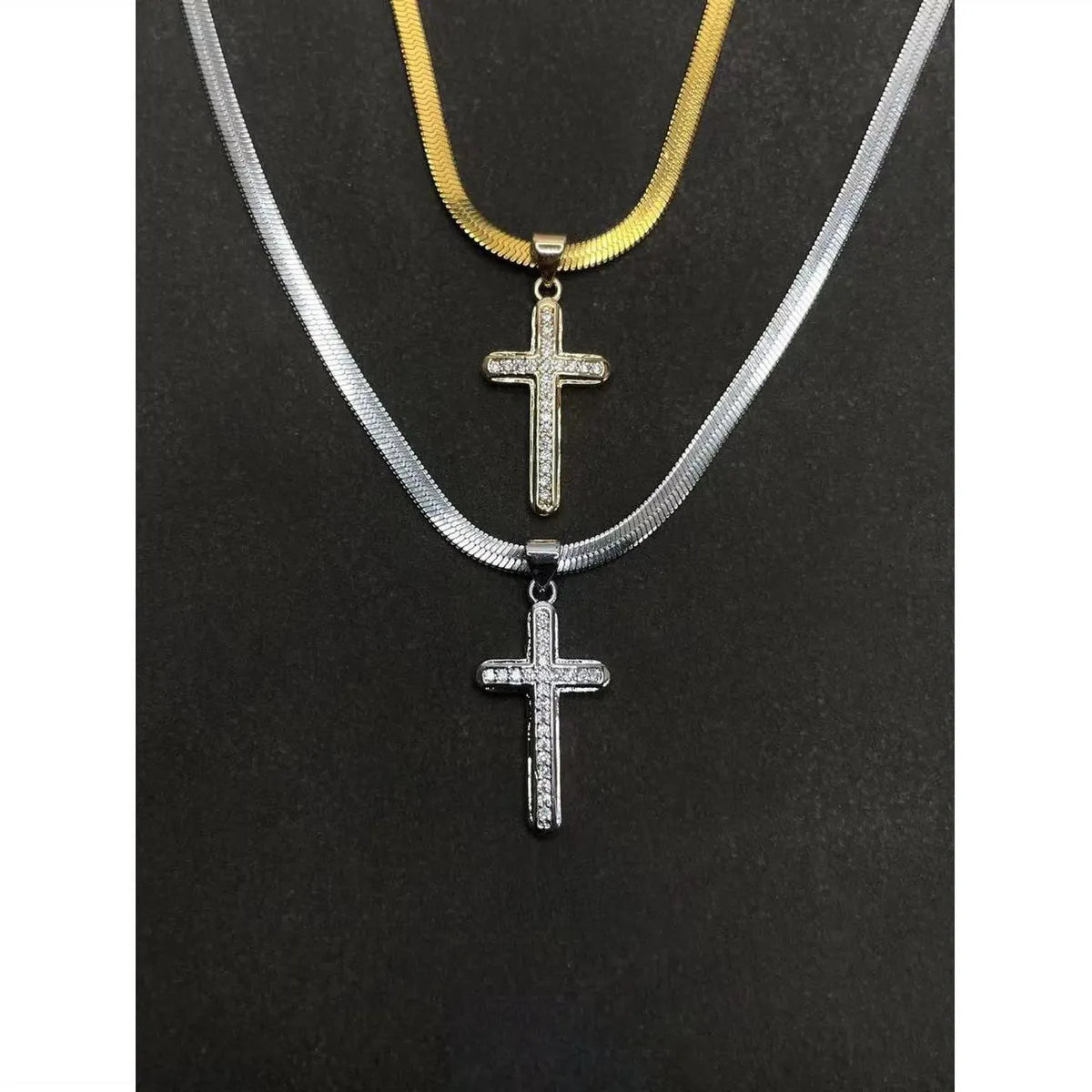 Hip-Hop Cross Titanium Steel Copper Inlay Rhinestones Men'S Pendant Necklace