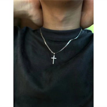 Hip-Hop Cross Titanium Steel Copper Inlay Rhinestones Men'S Pendant Necklace