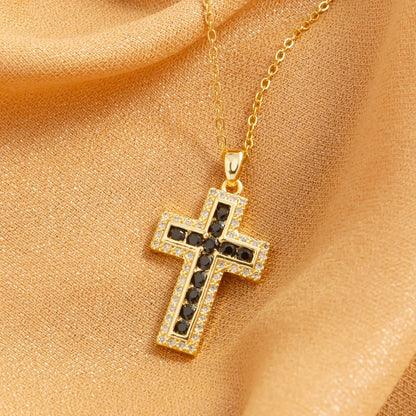 Hip-hop Cross Titanium Steel Inlay Zircon 18k Gold Plated Pendant Necklace