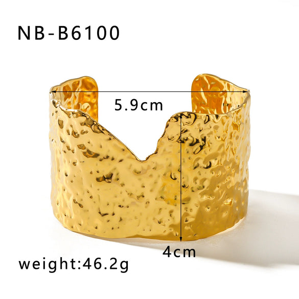 Hip Hop Exaggerated Hammer Simple Wide Open Titanium Steel Bracelet With 14K Gold Electroplating