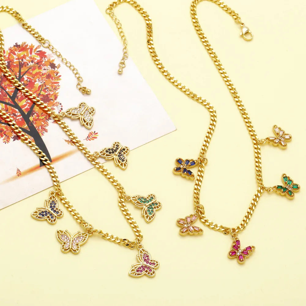 Hip-Hop Flower Butterfly Copper Plating Inlay Zircon 18k Gold Plated Necklace Choker