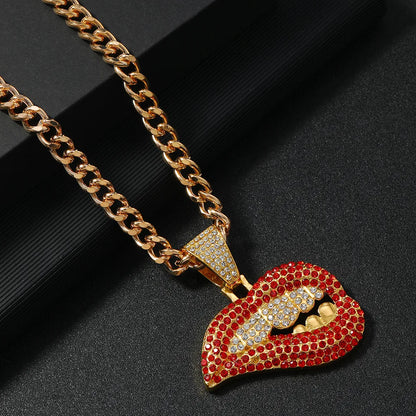 Hip-Hop Funny Rock Lips Rhinestones Alloy Wholesale Pendant Necklace