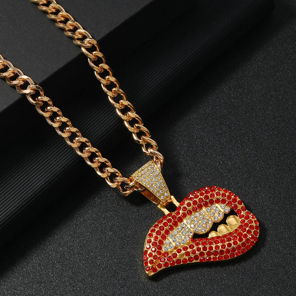 Hip-Hop Funny Rock Lips Rhinestones Alloy Wholesale Pendant Necklace