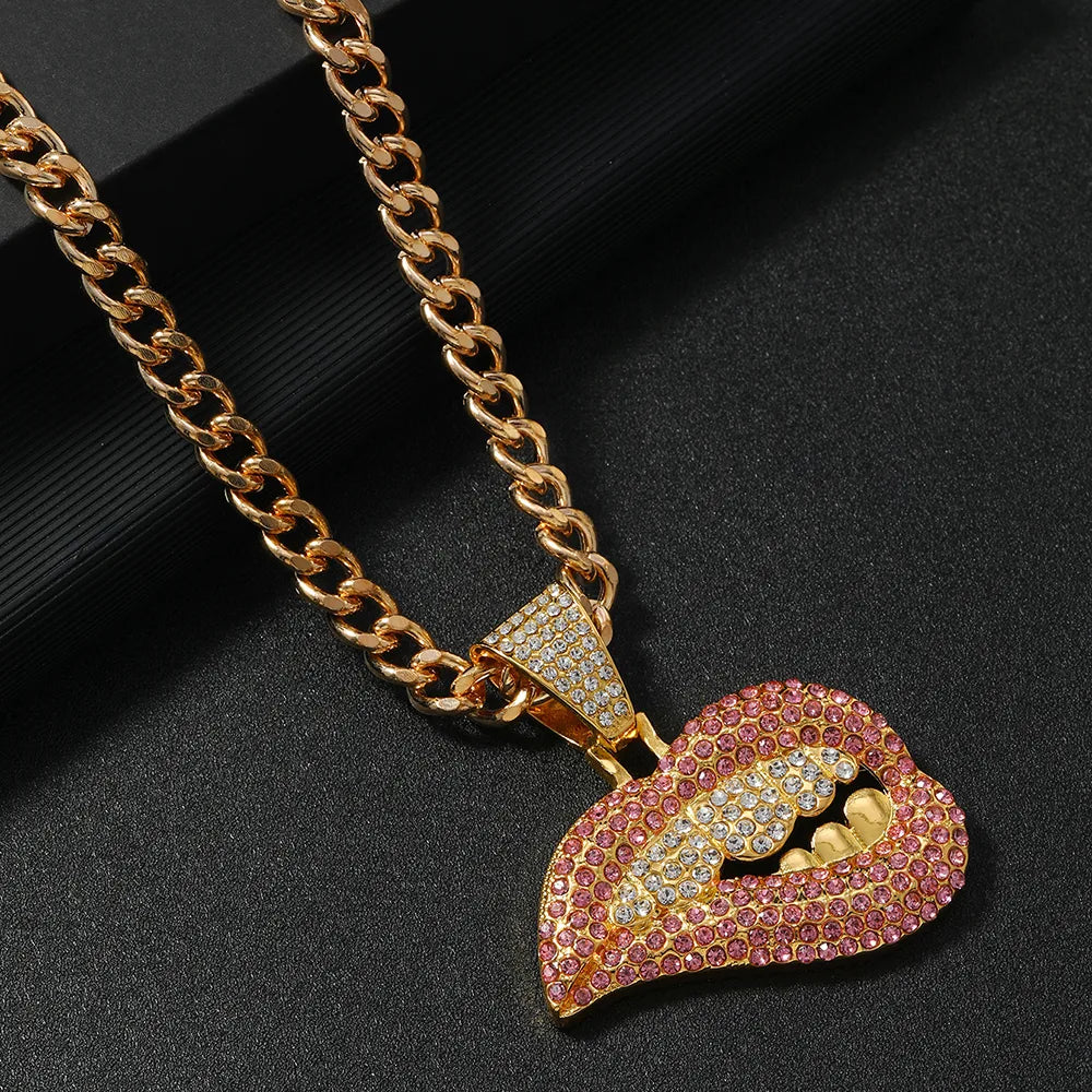 Hip-Hop Funny Rock Lips Rhinestones Alloy Wholesale Pendant Necklace