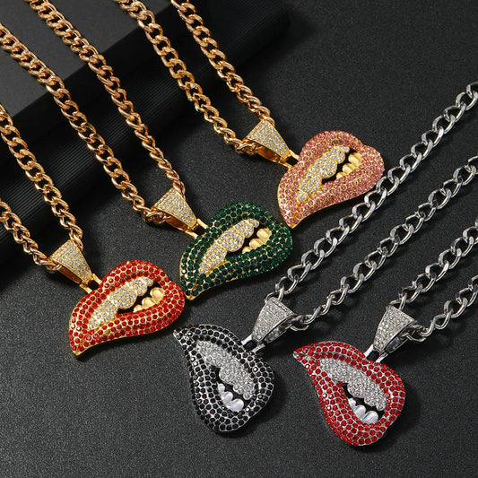 Hip-Hop Funny Rock Lips Rhinestones Alloy Wholesale Pendant Necklace