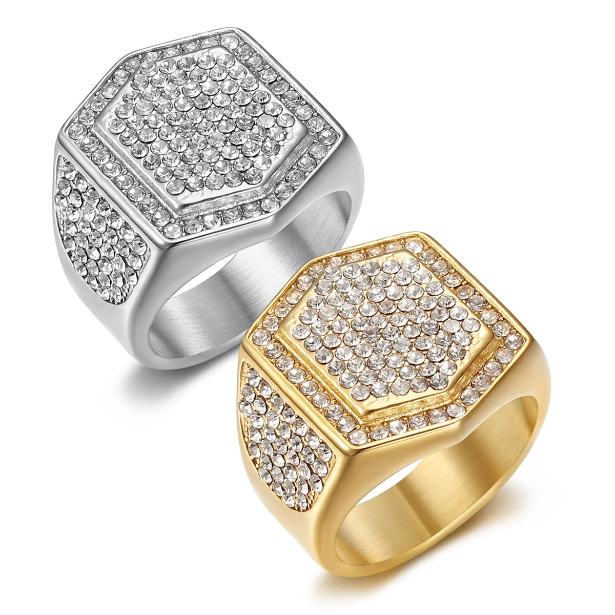 Hip-Hop Geometric 304 Stainless Steel Plating Inlay Rhinestones Gold Plated Men'S Rings