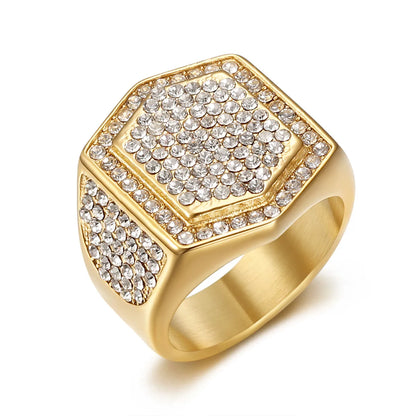 Hip-Hop Geometric 304 Stainless Steel Plating Inlay Rhinestones Gold Plated Men'S Rings