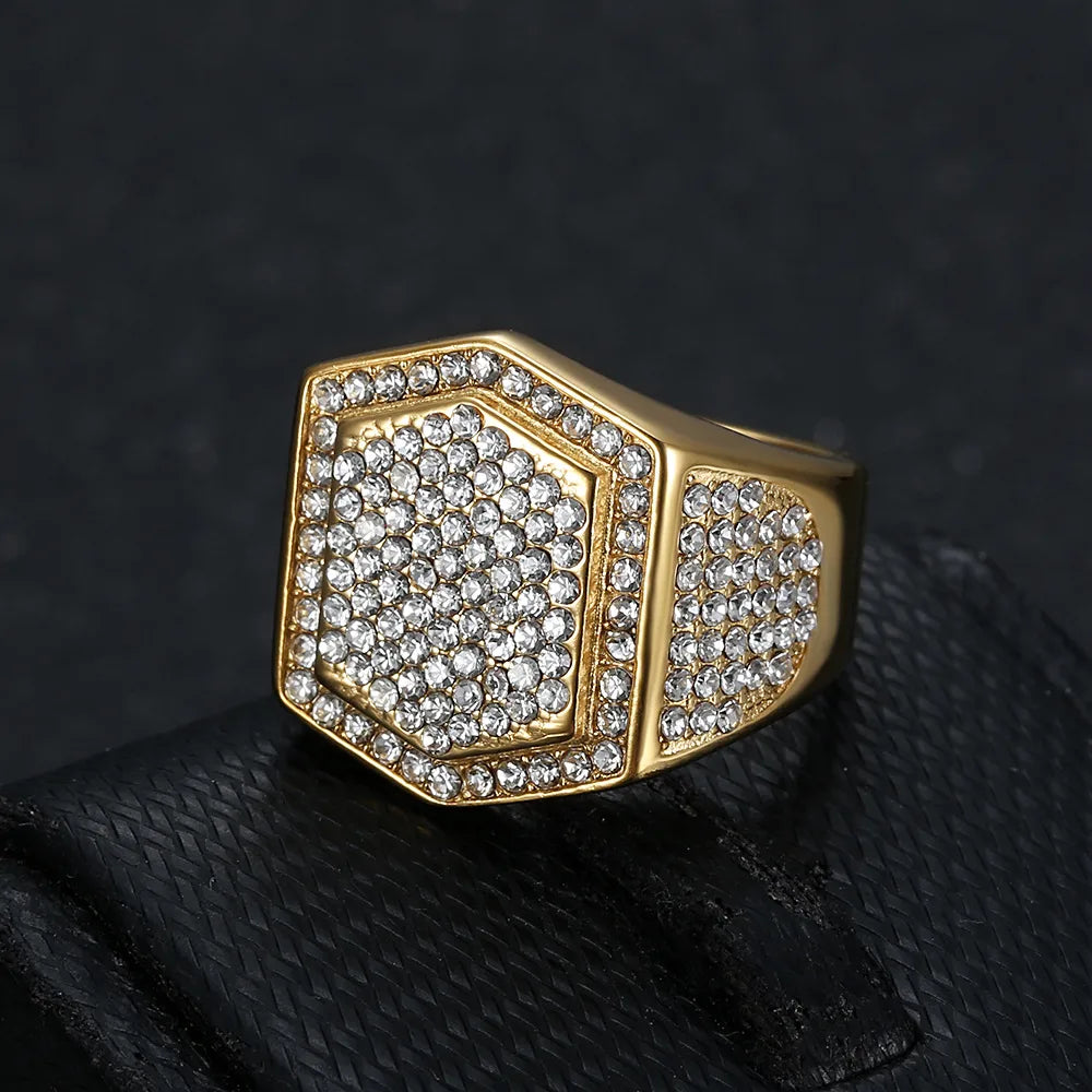 Hip-Hop Geometric 304 Stainless Steel Plating Inlay Rhinestones Gold Plated Men'S Rings