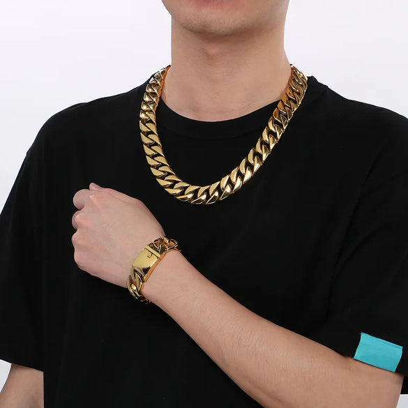 Hip-Hop Geometric Solid Color 304 Stainless Steel 18K Gold Plated Men'S Bracelets Necklace