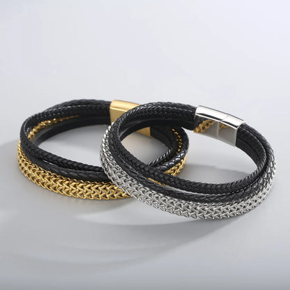 Hip-hop Geometric Stainless Steel Leather Braid Bangle