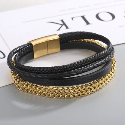 Hip-hop Geometric Stainless Steel Leather Braid Bangle