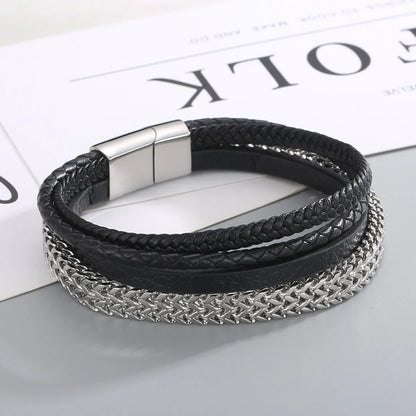 Hip-hop Geometric Stainless Steel Leather Braid Bangle