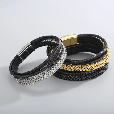 Hip-hop Geometric Stainless Steel Leather Braid Bangle